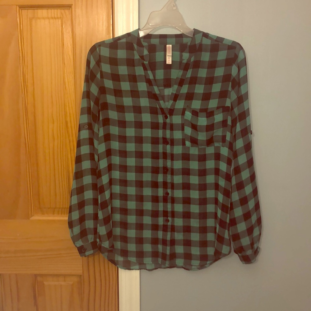 Green And Black Checkered Button Down Blouse